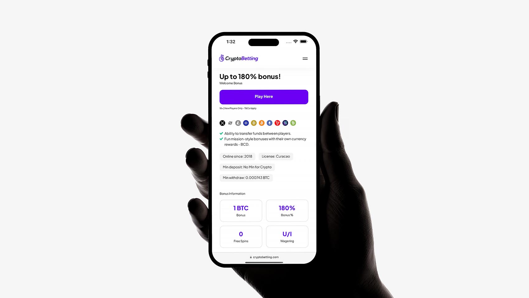 Cryptobetting.com website in light mode on phone in a hand